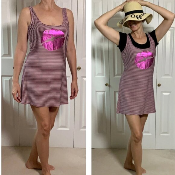 BETSEY JOHNSON Pink with Black Stripes Mini Bodycon Dress Lips Accent size M - Picture 10 of 10